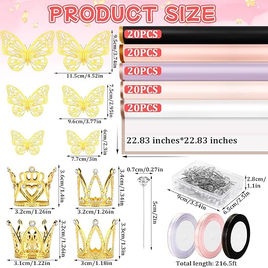 Floral Wrapping Paper Kit, 100 Sheets Valentines Bouquet Wrapping Paper 100 Flower Pins 60 Butterfly Decorations 8 Gold Crowns and 3 Ribbons for Florist Wrapping Supplies Wedding Mother's Day