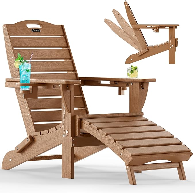 Ciokea Folding Adirondack Chair with Retractable Ottoman Fire Pit Patio Chair with Pull Out Foot Rest Weather Resistant Lawn Outdoor Lounge Chair with 2 Cup Holder (Teak)