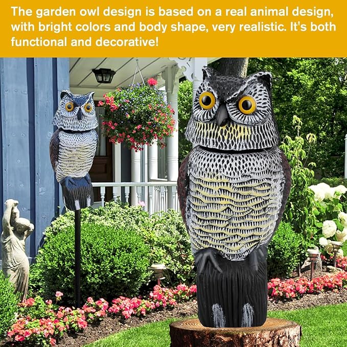 Fake Owl Statue to Scare Birds Away, Waterproof Moving Bird Deterrent Owl | Squirrel Repellent with 360° Rotating Head, Large Plastic Bird Control Owl for Outdoor Garden Patios Balcony Pool Barn Roof