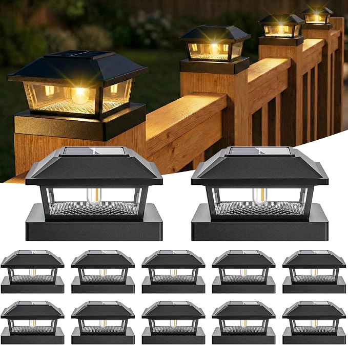 btfarm 4x4 Solar Post Cap Lights, 12 Pack Fence Deck Post Lights Outdoor Solar Powered Waterproof with Edison LED Bulb, Fits 4x4, 3.5x3.5 Wooden & Vinyl Posts for Porch Patio Yard(Warm White, Black)