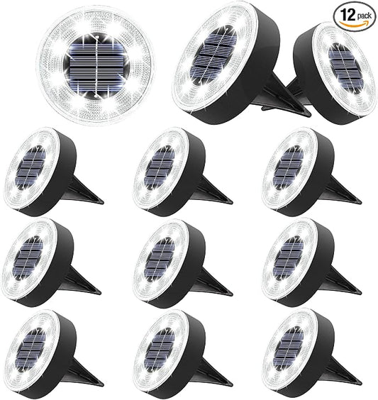 Joomer Solar Ground Lights Outdoor Waterproof, 12 Pack 8 LED, White | Solar Powered Garden Lights Disc Landscape Lighting Outdoor for Patio Pathway Lawn Yard Driveway Walkway outside