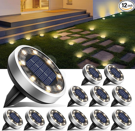 btfarm 12 Pack Solar Lights Outdoor, 8 LED Solar Ground Lights IP65 Waterproof Flat Solar Disc Light, Pathway Lights for Garden Lawn Patio Yard Path Landscape, Warm White