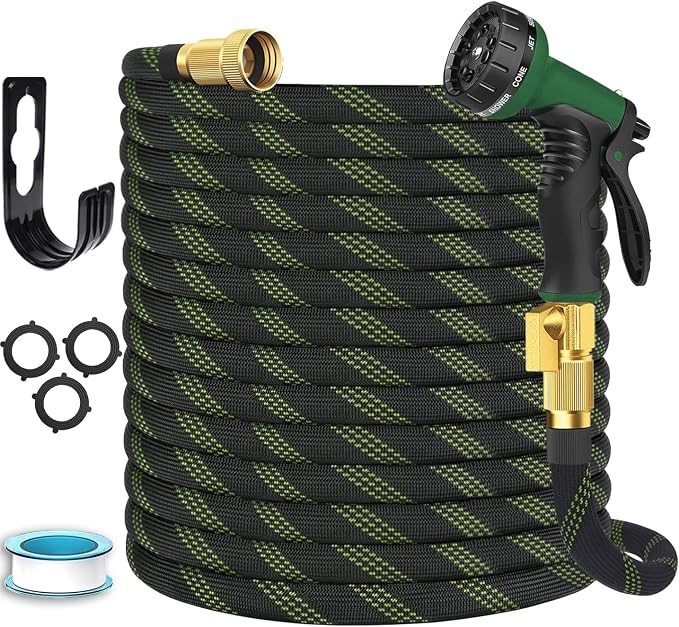 Garden Hose 100 ft, Non-Expandable Flexible Water Hose with 10 Function Spray Nozzle, Lightweight, Leak Proof, Kink-Free, Portable Hose for Outdoor, Yard, Lawn, High-Density Fabric, Black Green