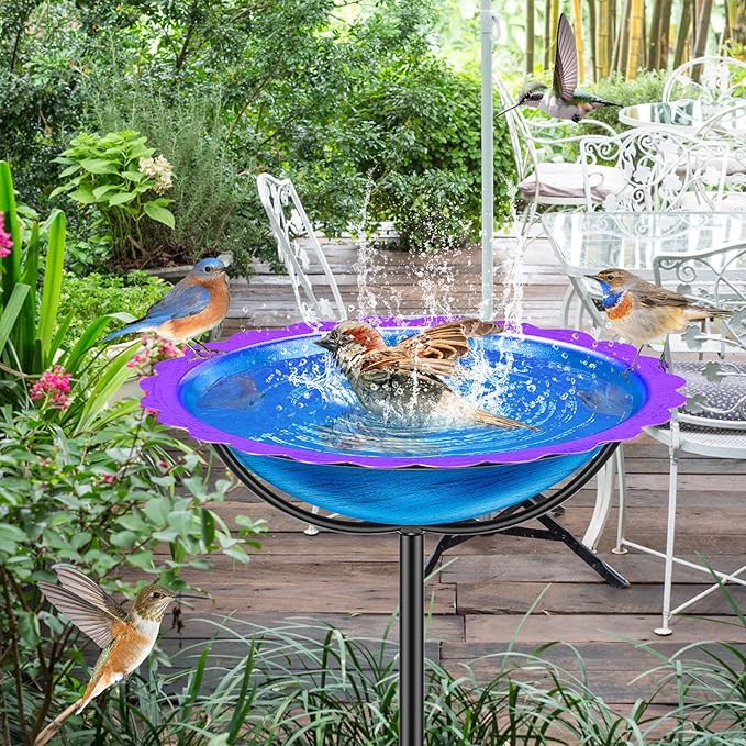Metal Bird Bath for Outside, Garden Birdbath Bowl Freestanding Bird Feeders for Outdoors with 4 Prongs Base Stake, Standing Birdfeeders for Yard Lawn Decor (Blue Purple)