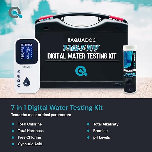 Eagle Ray Digital Pool Water Test Kit by AquaDoc with Digital Water Tester and 30 Pool Test Strips for Chlorine, Bromine, Total Hardness, Cyanuric Acid, Alkalinity, and pH