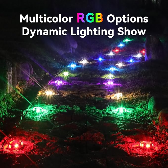 AGPTEK Round 12 Modes 9 in 1 Solar Driveway Lights with Remote Control 12 Pack-30H Runtime, IP67 Waterproof, 3-Ton Load Capacity, RGB Color Changing Outdoor Lights for Patio, Garden, Deck, Dock, Step