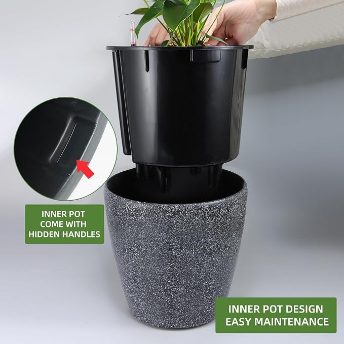 Dexceder 13x12 Self Watering Planter with Wheels (Stone Matte) | Inner Pot Design, Thickened Large Floor Standing Flower Plant Pot with Water Level Indicator Indoor Outdoor