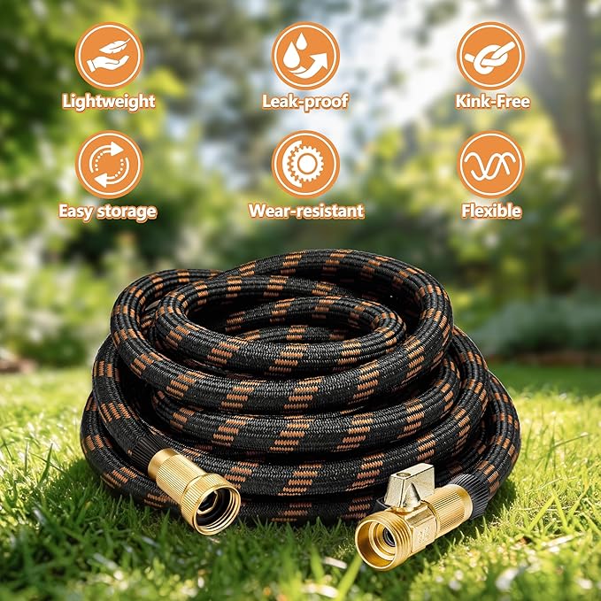 Flexible Garden Hose 50 FT, Ultra Lightweight Water Hoses w/10 Function Sprayer and 3/4" Brass Fittings, Kink-Free, Sturdy, Abrasion Resistant for Yard, Lawn, Outdoor and Gardening(Black Orange)