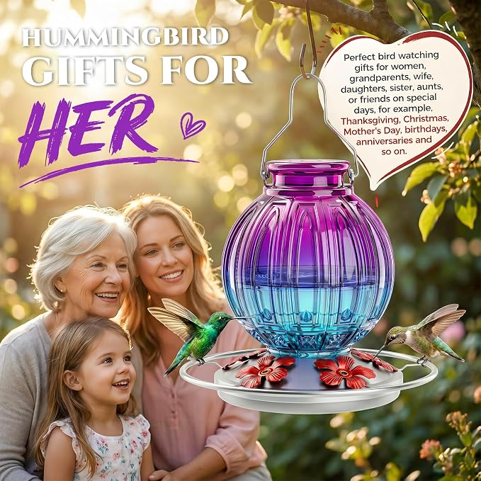 2 Pack Glass Hummingbird Feeder for Outdoors Hanging, Bird Nectar Feeder with Perch & 5 Flower Feeding Ports, 26 Oz Leak Proof for Outside Garden Decor Backyard, Gifts for Women Mom, Red + Purple Blue