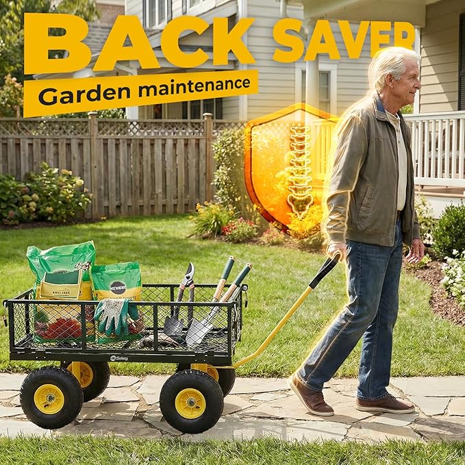 Sekey 600lbs Steel Mesh Garden Cart for Patio & Backyard, Utility Wagon with Removable Sides (Convertible Flatbed), 10" Rubber Tires, Black