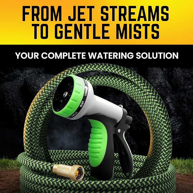 PowerFlow Garden Hose, NON-EXPANDABLE 100ft Premium Quality Stainless Steel Metal Water Hose with Durable Fabric Skin, Hose For Commercial, Residential Use, Bonus 10-way Spray Nozzle (100 Ft, Green)