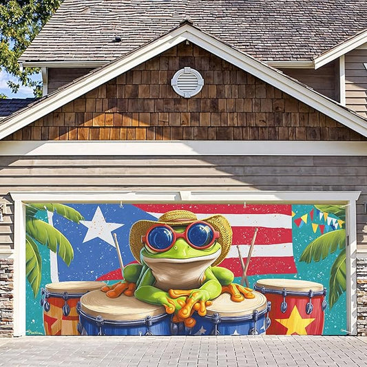 6 * 13FT Summer Puerto Rico Garage Door Cover Decorations Sunset Palm Trees Garage Door Banner for Outdoor Indoor Summer Party Photography Backdrop