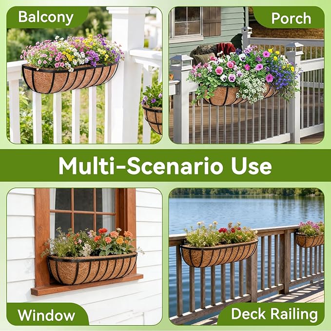 Halatool 24 Inch Heavy-Duty Metal Deck Railing Planter Box, 2 Pack Rust-Resistant Window Boxes Planters with Coco Liner & Adjustable Brackets, Grow More On Your Balcony, Patio & Fence