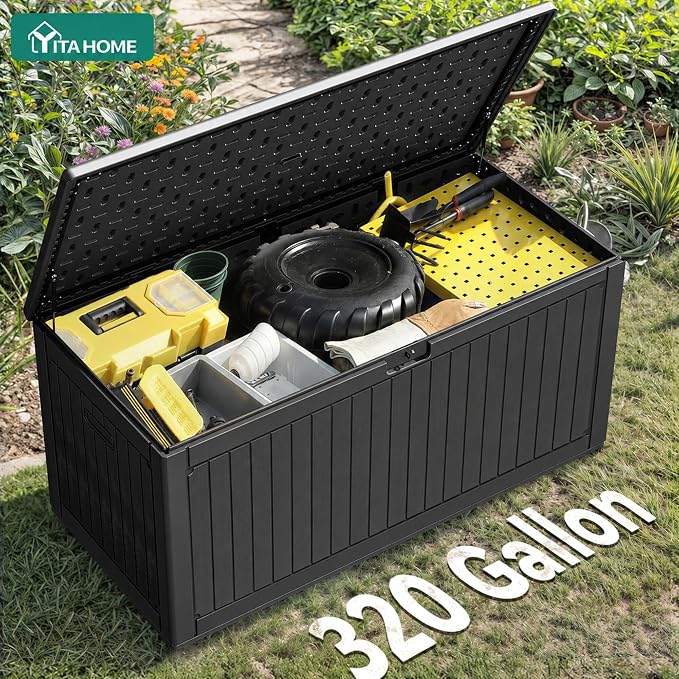 YITAHOME 320 Gallon Extra Large Deck Box, Double-Wall Resin Outdoor Storage Box with Flexible Divider for Patio Cushions Pool Supplies Garden Tools, 1000lbs Load Capacity, Lockable&Waterproof (Black)