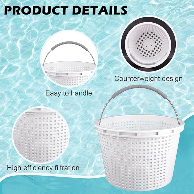 8" Pool Skimmer Basket for Inground Pool Compatible with Pentair U-3 Skimmer Basket 08650-0007 and Hayward SP1070 Pool Basket Stainless Steel Handle Rubber Grip & Built in Weighting White 2 Pack