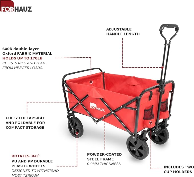ForHauz Folding Collapsible Heavy Duty Wagon Cart with All-Terrain Wheels for Outdoor Utility, Beach and Garden, Red
