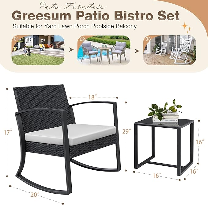 Greesum 3 Pieces Outdoor Furniture Set Patio Bistro Rocking Chairs with Glass Coffee Table for Pool Beach Backyard Balcony Porch Deck Garden, Bright White