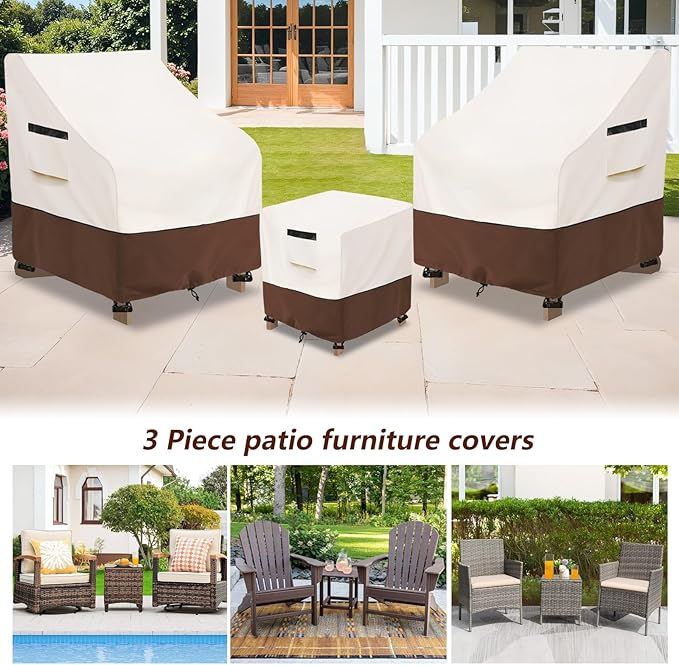 3 Pieces Patio Adirondack Chair Sets Covers,600D Waterproof Heavy Duty Patio Furniture Cover,Includes 2 Outdoor Adirondack Chair Covers and 1 Patio Side Table Cover,Beige&Brown
