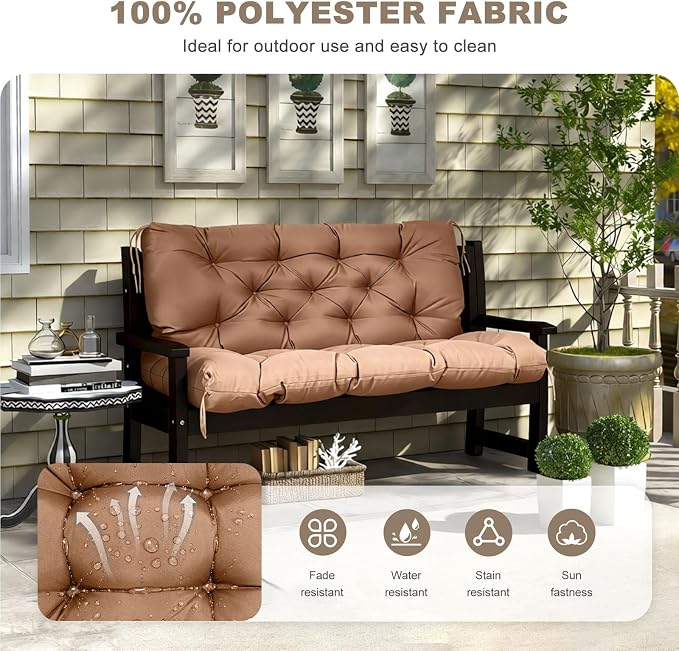 Porch Swing Cushion with Backrest,Waterproof Bench Cushion for Outdoor Furniture,2-3 Seater Replacement Thickened swing cushion with Ties,Patio,Outdoor,Backyard and Garden (Light Coffee,47x40")