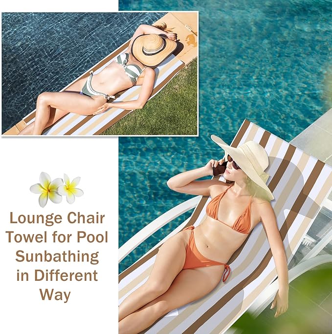 Fumete 2 Pack Lounge Chair Covers 30 x 85 Inch Pool Chaise Lounge Towels Microfiber Beach Chair Towel Portable Striped Outdoor Patio Furniture Cover for Sunbathing Picnic Spa(Beige and Camel)