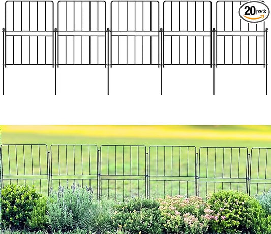 ShopLaLa Decorative Garden Fence (20 Panels) 12.5in(L) x 16.5in(H) Black Metal Wire Fencing, Rustproof Animal Barrier for Dogs, Flower Bed Edging Fences for Yard Patio Classic Outdoor Decoration