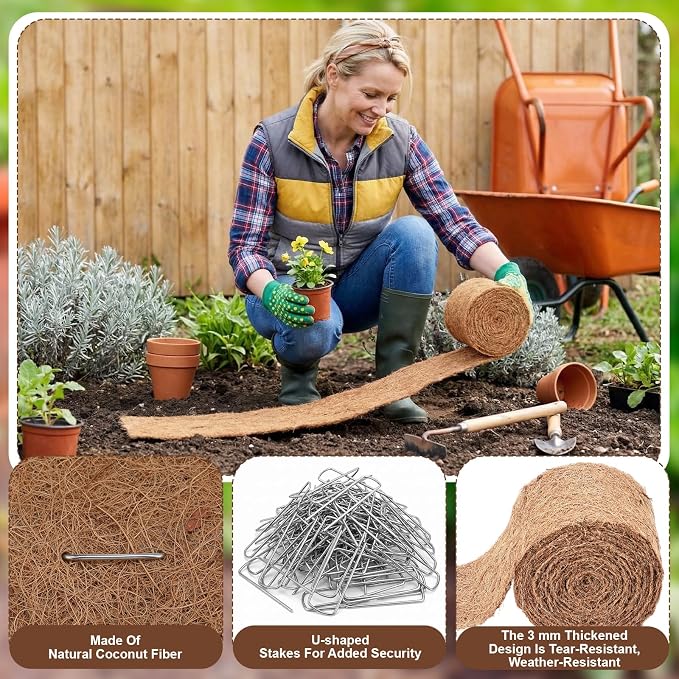 Tinideya 6 Pcs Natural Mulch Roll for Landscaping 118'' x 4.5'' Per Roll Coconut Fiber Mulch Mat with 60 U-Shaped Steel Stakes Cuttable Coconut Liner for Garden Edgings Wrap Trunk Planter Pet Pad