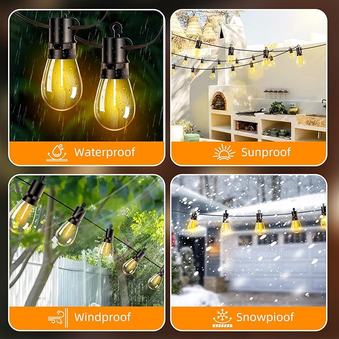 Outdoor Patio String Lights 50ft: S14 LED Shatterproof Bulbs 3 Modes Button Control - Waterproof Connectable Hanging Lights - Garden Backyard Yard Gazebo Porch Party Decorative