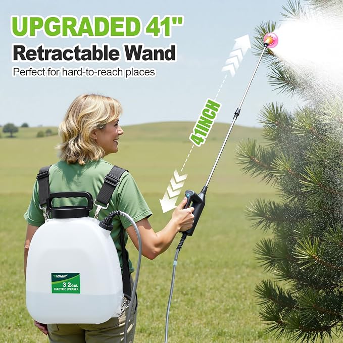 VAXMAY Battery Powered Sprayer 3.2 Gallon, Backpack Sprayer with 3 Adjustable Forces, Battery Indicator, 5 Mist Nozzles, 41" Retractable Wand, USB Rechargeable Garden Sprayer for Weed Lawn Yard