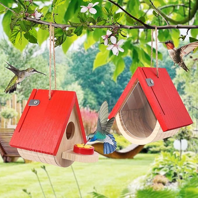 2 Pack Hummingbird Houses with Feeder, Wooden Hanging Bird House Outside, Window Birdhouse for Viewing Inside with Hemp Ropes for Bluebird Finch Chickadee Nesting