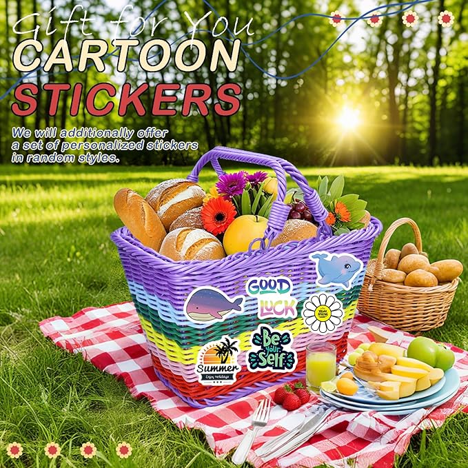 Picnic Basket with Handles, Rainbow Small Woven Wicker Basket for Kid Blue Garden Harvest Rattan Hamper Gift Basket Empty for Storage Toy Flower Wedding