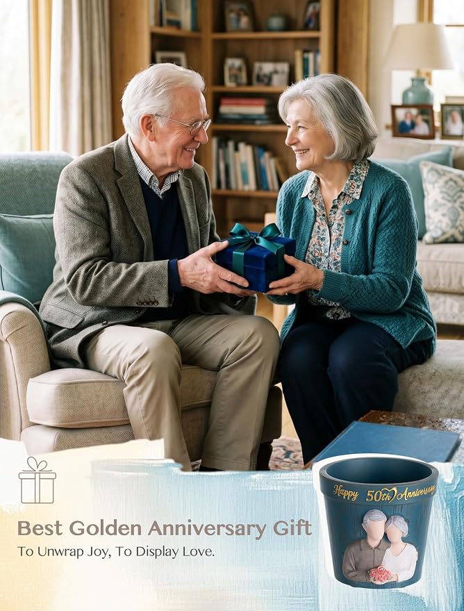 50th Anniversary Wedding Gifts: Hand-Painted Planter Presents for Couple Parents Husband Wife Grandparents - 50th Gold Anniversary Wedding Gifts with Gift Box Happy 50 Years Anniversary Card