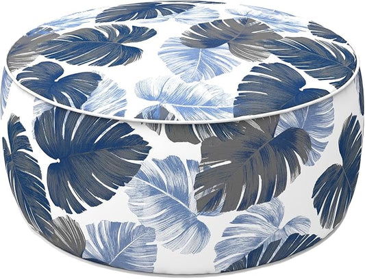LVTXIII Indoor/Outdoor Inflatable Ottoman with Handle D21 x H9 Inch, Weather-Resistant Round Footstool Pouf for Patio Camping Living Room, Portable Footrest Extra Seating, Big Leaves