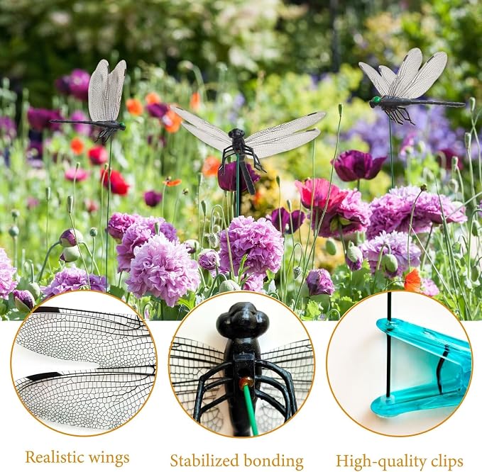 40 Pcs Black 3D Lifelike Dragonfly Clip & Garden Stake, Upgraded Detachable Fake Dragonfly Decor with Flexible PVC Wings, Nature-Inspired Outdoor Comfort Accessory for Hiking Hat, Camping and Patio