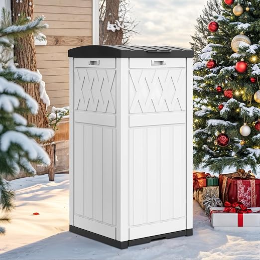 DWVO 38 Gallon Outdoor Trash Can, Resin Garbage Can with Tiered Lid and Drip Tray, Waterproof Trash Bin for Patio, Kitchen, Backyard(Grayish-White)