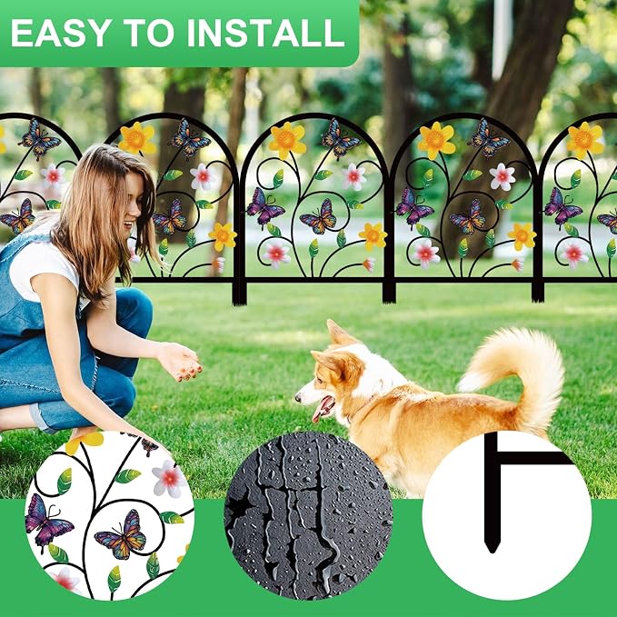 4 Pack Butterfly Decorative Garden Fence Metal Butterfly Flower Design Metal Arch Garden Fence Border for Yard Patio Flower Bed Lawn Outdoor Landscape Decoration Animal Barrier Fence for Garden