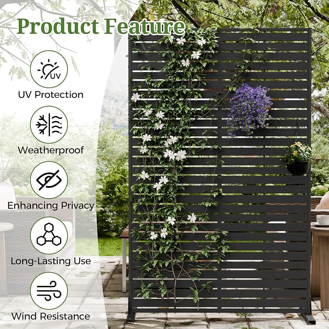 Privacy Screen Outdoor 72" H×47" W Freestanding Privacy Panel with Stand, HDPE Decorative Privacy Fence with Louver Pattern, Patio Divider Screen, Privacy Screens for Outside