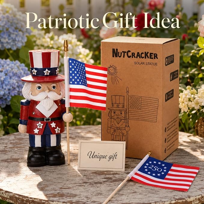 Nacome Solar Nutcracker Soldier Garden Statue: American Flag Figurine for Patriotic Outdoor Lawn Porch Patio Yard Decorations - Gifts for Mom Grandma Women