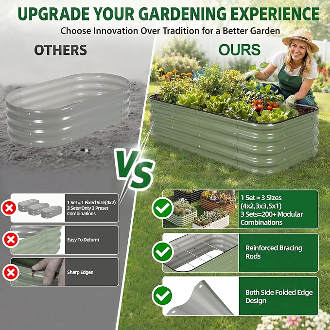 3 Pcs Raised Garden Beds Outdoor, 17" Tall 3-in-1 Modular 4x2ft Galvanized Metal Planter Box with Bracing Rods and Gloves for Vegetables Flowers Herbs, Olive Green