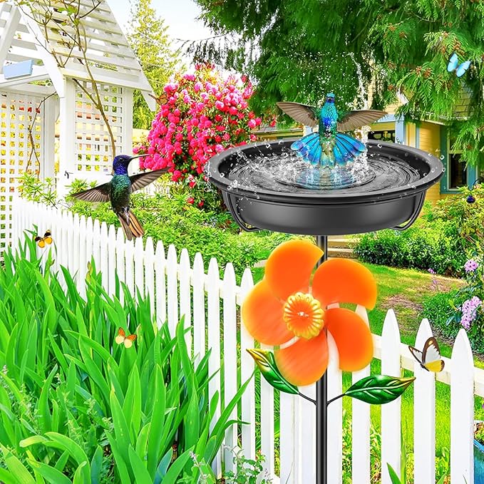 Metal Bird Bath for Outside Feeder Bowl, Detachable Birdbath & Birdfeeder with Base Stake, Vintage Birds Baths for Outdoors Garden Yard Lawn Decor (Black+Windmill)