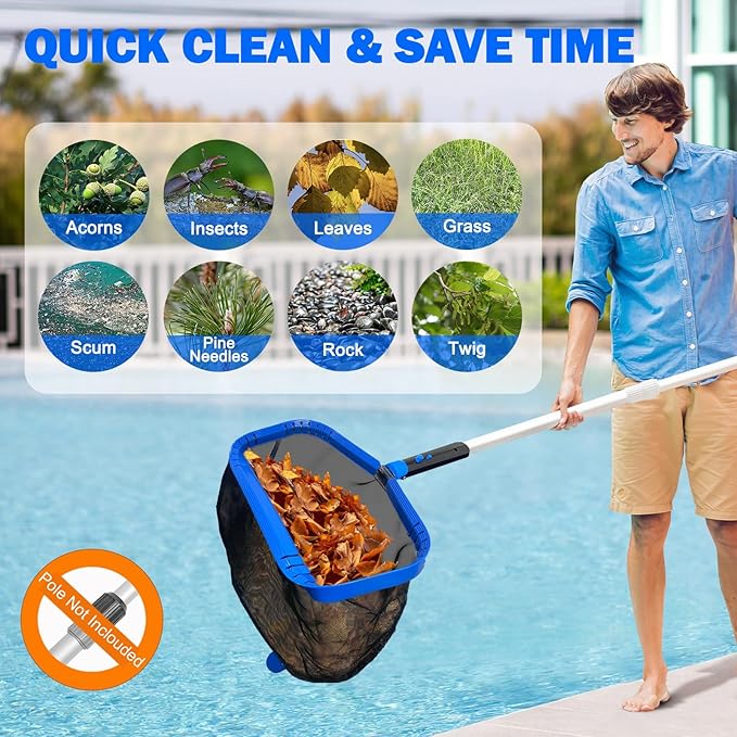 17.5" Pool Skimmer Net, Pool Net Skimmer for Cleaning, Large Deep Replacement Net for Above Ground & Inground Pools, Heavy Duty Aluminum Frame Deep Fine Mesh Swimming Pool Leaf Net, (No Pole)
