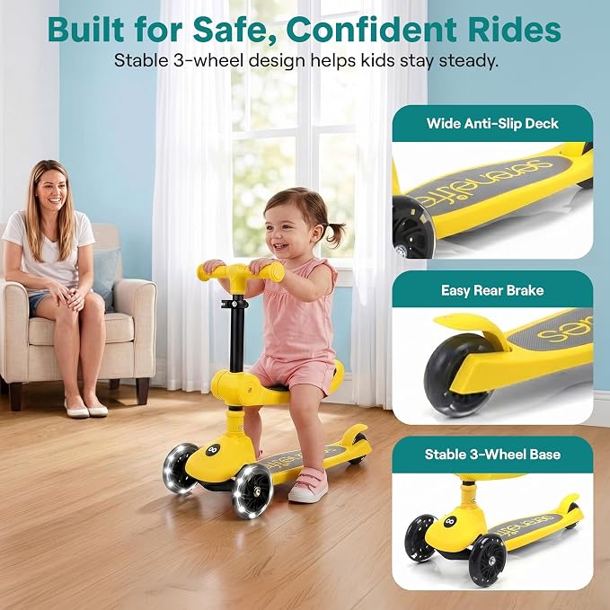SereneLife 3 Wheel Scooter for Toddlers & Kids, Foldable Seat, LED Wheels, Adjustable Handlebar, Anti-Slip Deck, Rear Foot Brake, Lean-to-Steer, Kid Scooter, Supports up to 110 lbs (Yellow)