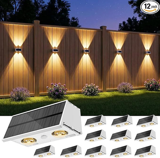 Bridika Solar Fence Lights Outdoor, 12 Pack Up and Down Wall Light, 8 Colors Lens LED Dusk to Dawn Solar Lights Outdoor Waterproof for Patio, Deck, Backyard, Garden White