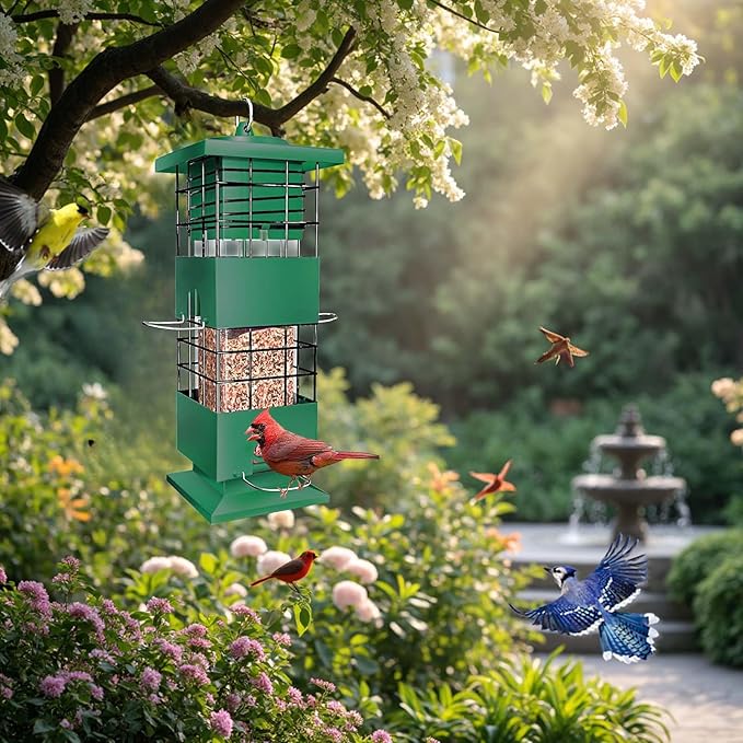 Squirrel Proof Bird Feeder, 3LBS Metal Hanging Bird Feeders for Outdoors, Weight-Activated Perches Wild Birdfeeder for Blue Jay, Cardinal (Green)