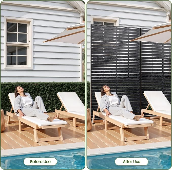 Outdoor Privacy Screen 72" H HDPE Decorative Panel Freestanding Privacy Fence with Stand, Privacy Screens with Louvered 6 Panels, Weather-Resistant Panel Fence for Patio, Balcony, Pool,Black