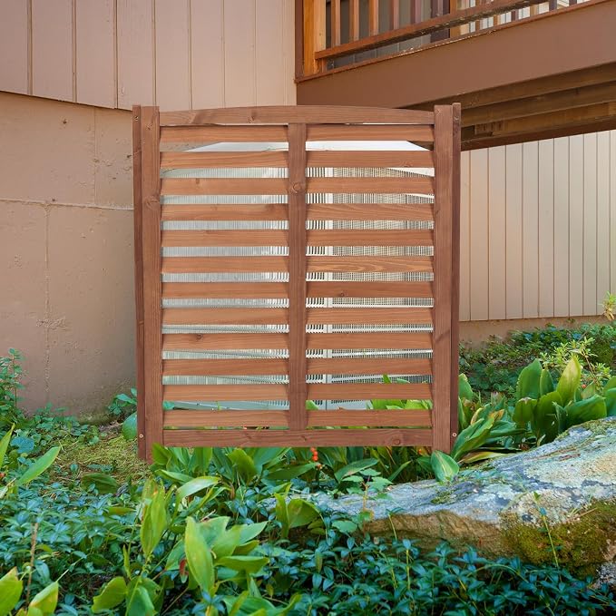 YOPTO 32" W x 38" H,3-Panel Outdoor Air Conditioner Fence,Wooden Outside Wood Privacy Screen,for Pool Equipment Enclosure,Trash Can Enclosures,Air Conditioner,Brown