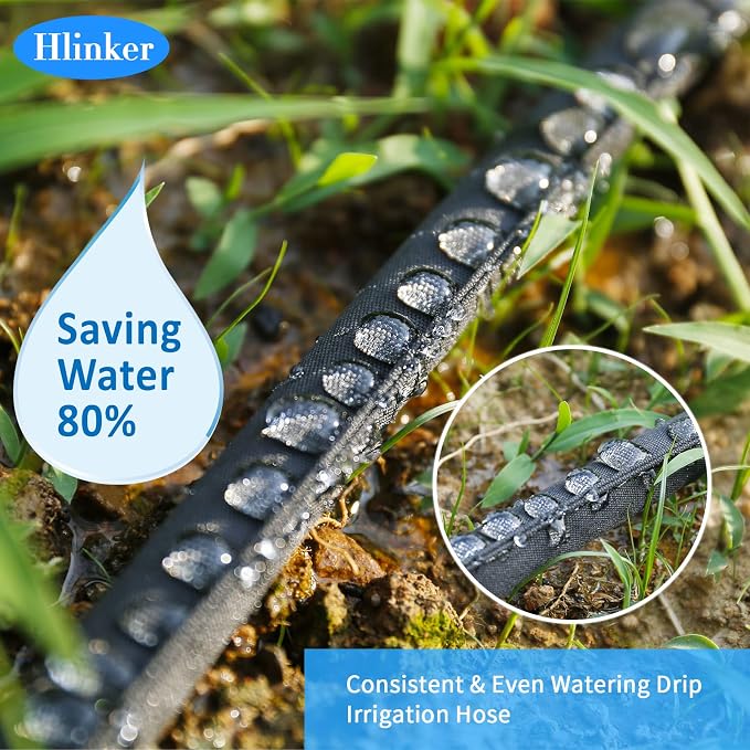 Hlinker Flat Soaker Hose 75 150 FT for Garden Beds, 150FT 1/2" Linkable Consistent Drip Irrigation Hose Save 80% Water, Leakproof Heavy Duty Double Layer Sprinkler Hose