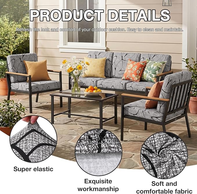 hyha 14Pcs Patio Cushion Covers, Stretch Outdoor Couch Cushion Covers, Washable Outdoor Chair/Sofa Slipcovers for Patio Furniture Cushions Protector with Elastic Bottom(Plain Art,Cover Only)