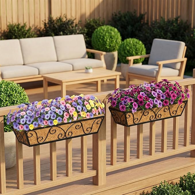 24 Inch Railing Planter Box 4 Pack, Adjustable Window Metal Box Planter with Coco Liner, Hanging Flower Planter for Balcony Deck Fence Porch Patio, Black