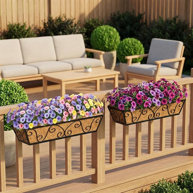 HFHOME 24 Inch Railing Planter Box with Coco Liners for Porch, Fence, Patio, Balcony Hanging Flower Railing Baskets with Adjustable Brackets for Outdoor Garden - 2 Packs