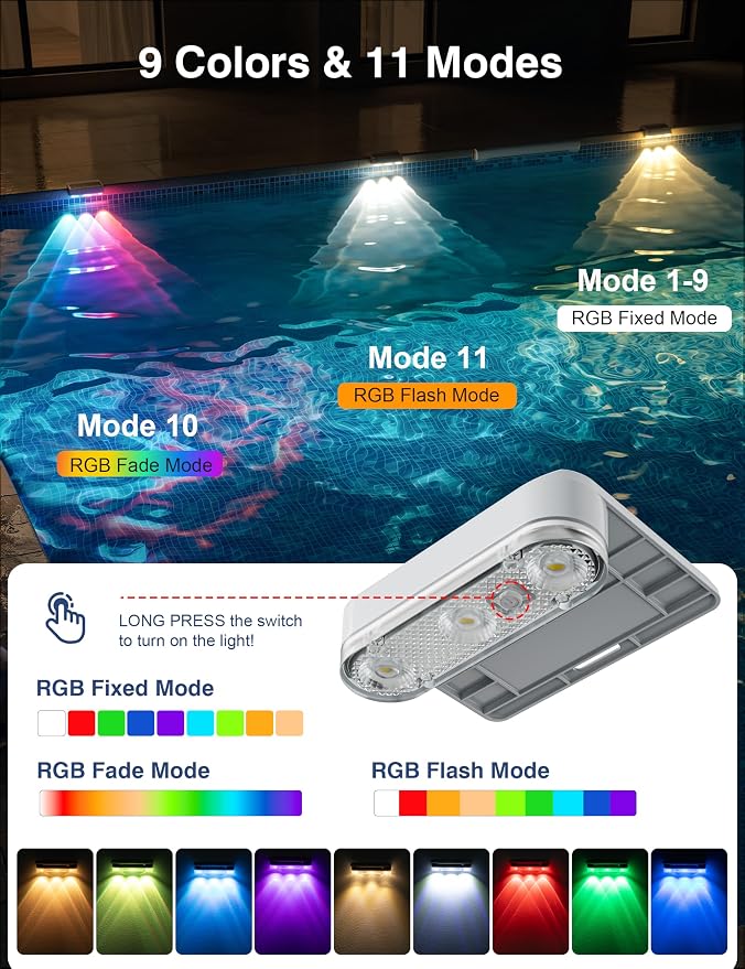 APONUO 6 Pack Solar Pool Lights, Pool Solar Lights for Above Ground Pools, RGB Color Changing, IP65 Waterproof Solar Pool Lights for Inground Pool, Pond, Fountain, Yard